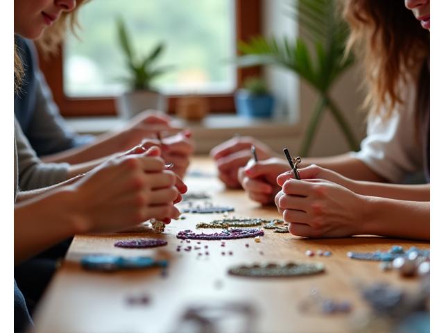 Workshop i smykkefremstilling med deltagere der arbejder med perler og værktøj